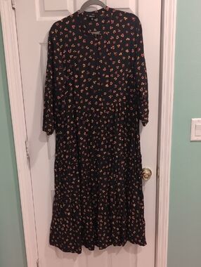 Madewell Black Midi Dress with Pink and Yellow Floral Print